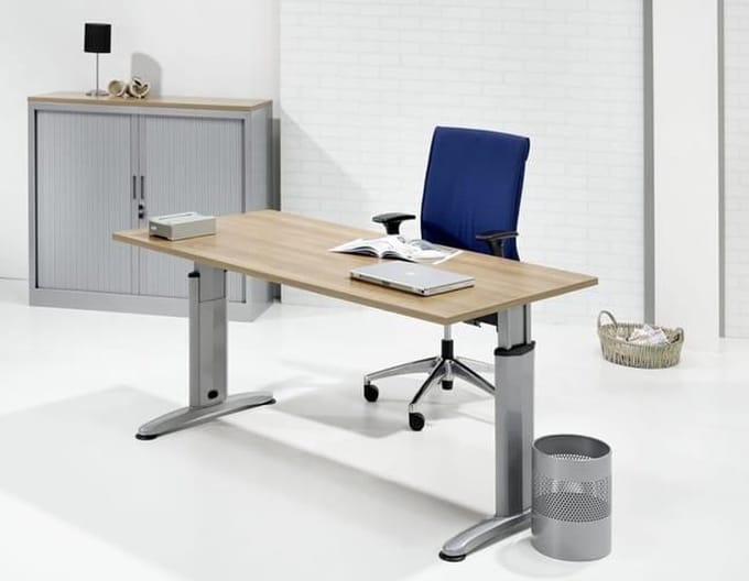 Hoogte verstelbaar bureau T- Poot Work breed 120CM diep 60CM bladkleur Robson Eiken framekleur Wit (RAL9010)