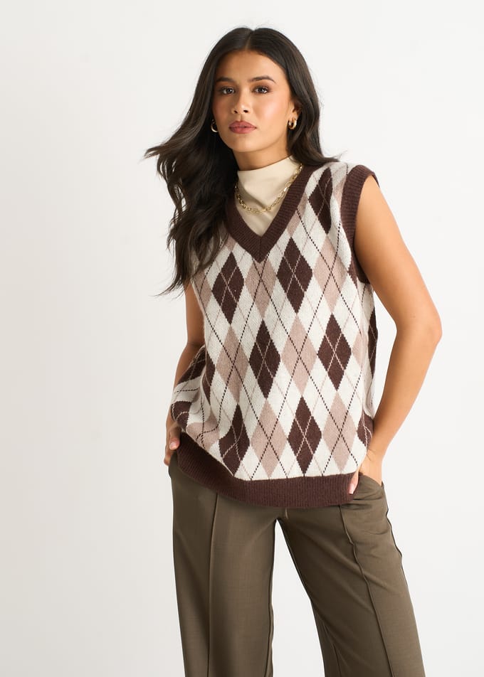 Chocoladebruine Argyle gebreide vesttrui