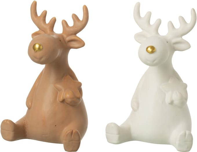 J-Line figuur Rendier - porselein - wit/beige - large - 2 stuks