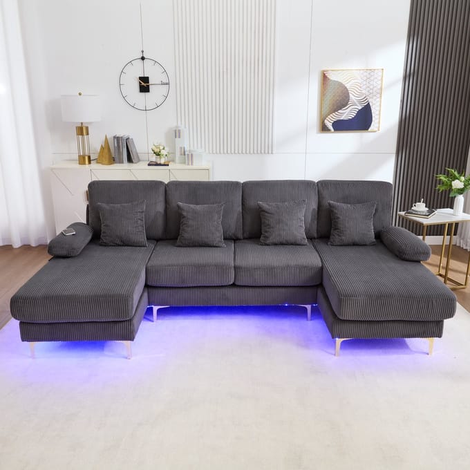 MODFU U-Bank - Met Ledverlichting En Usb-Aansluiting - Modern - Fluweel - Grijs - 265 x 135 x 88 cm