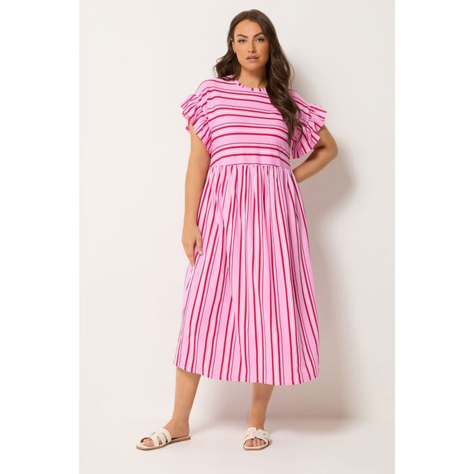 Yours Roze Gestreepte Jurk Met Mouwen Met Ruches Size 44