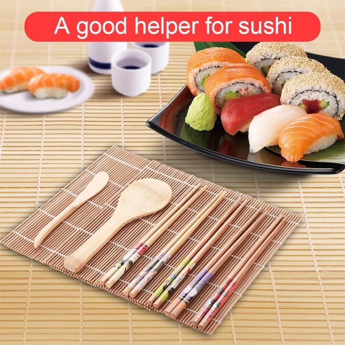 Bamboe Sushi Maker Set Sushi Rolmat Kits Sushi Gordijn Mes Lepel en Eetstokjes Set beige