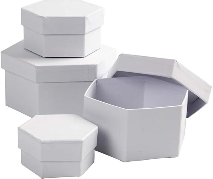 Creativ Company Kartonnen Hexagonale Dozen h: 4-7 cm d: 6.5-12 cm Wit 3 stuks