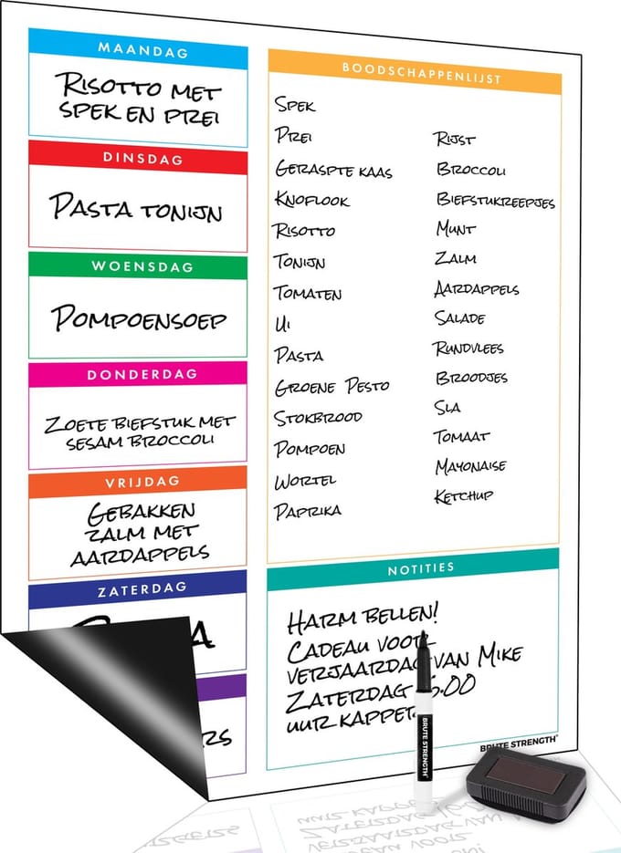 Brute Strength - Magnetisch Weekplanner whiteboard (14) -A3 - Boodschappenlijst - Planbord - Familieplanner  - Maaltijdplanner - To Do Planner
