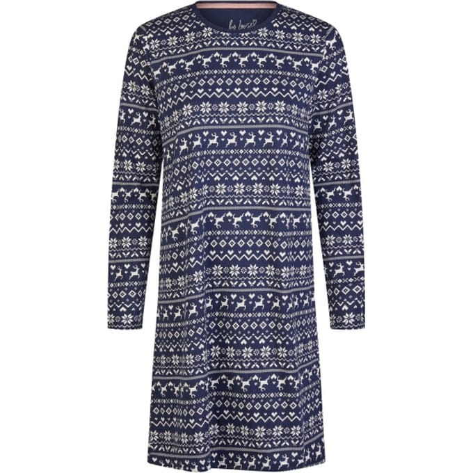 By Louise Dames Nachthemd Lange Mouw Winter Print Blauw - Maat M
