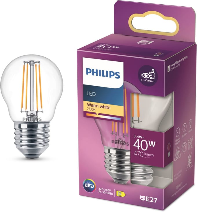 Philips LED lamp - Kogellamp met E27 fitting - Warmwit licht: 2700K - 40W - Helder glas