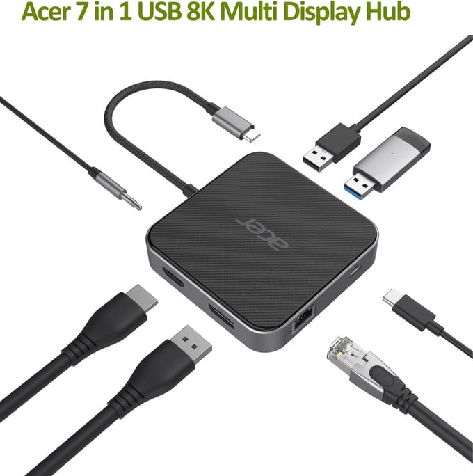 Acer 7-in-1 – Docking Station – Laptop – USB4 - USB-C –USB 4K en 8K-video– Plug & Play - Zwart/Zilver