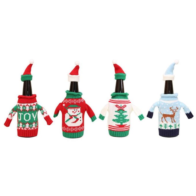4 stuks Kerst Flessenhoes Handgemaakt Gebreid Cartoon Decoratieve Wijnfles Trui Hoes voor Feest Thuis white