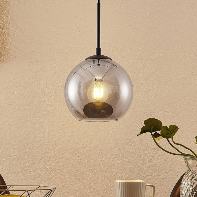 Lindby - hanglamp - 1licht - Staal, glas - H: 17.5 cm - E27 - zandzwart, gerookt glas