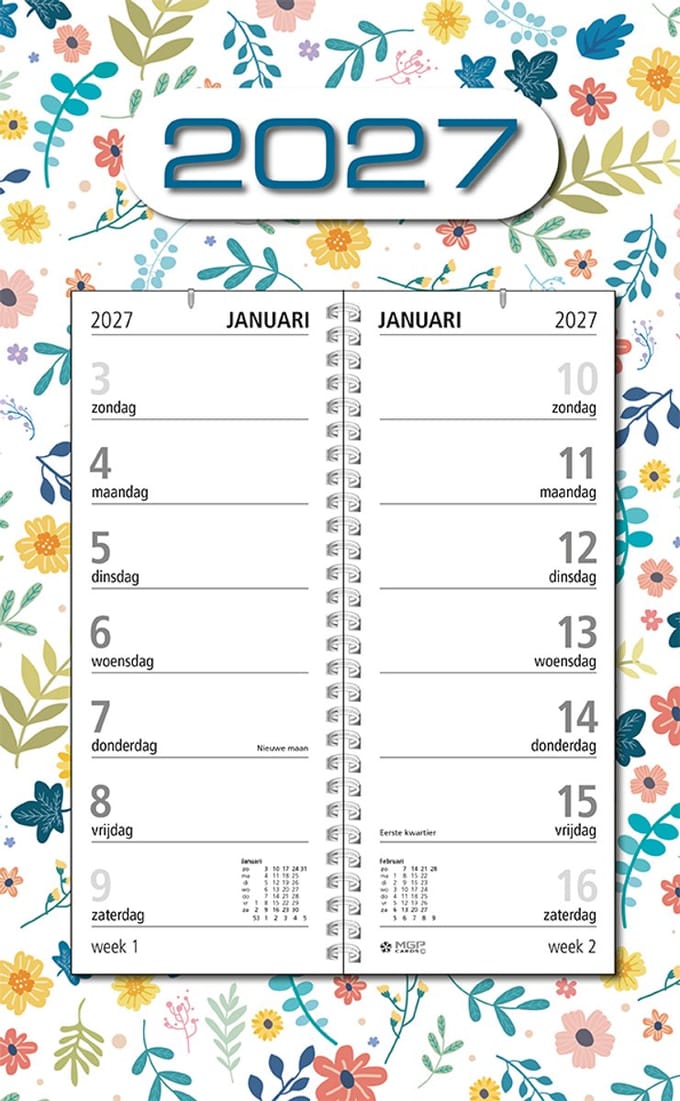 MGPcards - Omlegweekkalender 2027 - Week begint op zondag - 21 x 34 cm - Wit - Bloemen