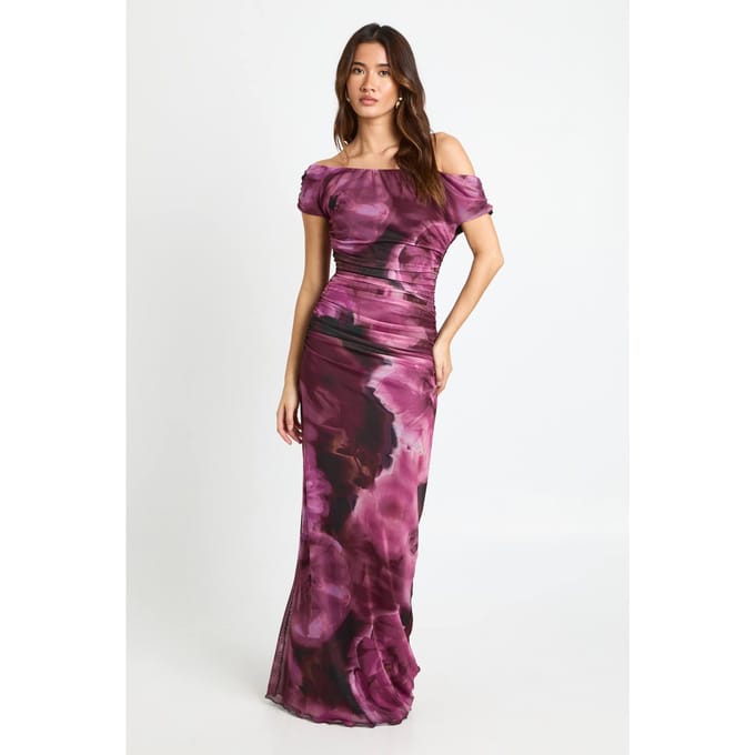 boohoo Dames Off-Shoulder Mesh Maxi Jurk | Burgundy | Maat: 8