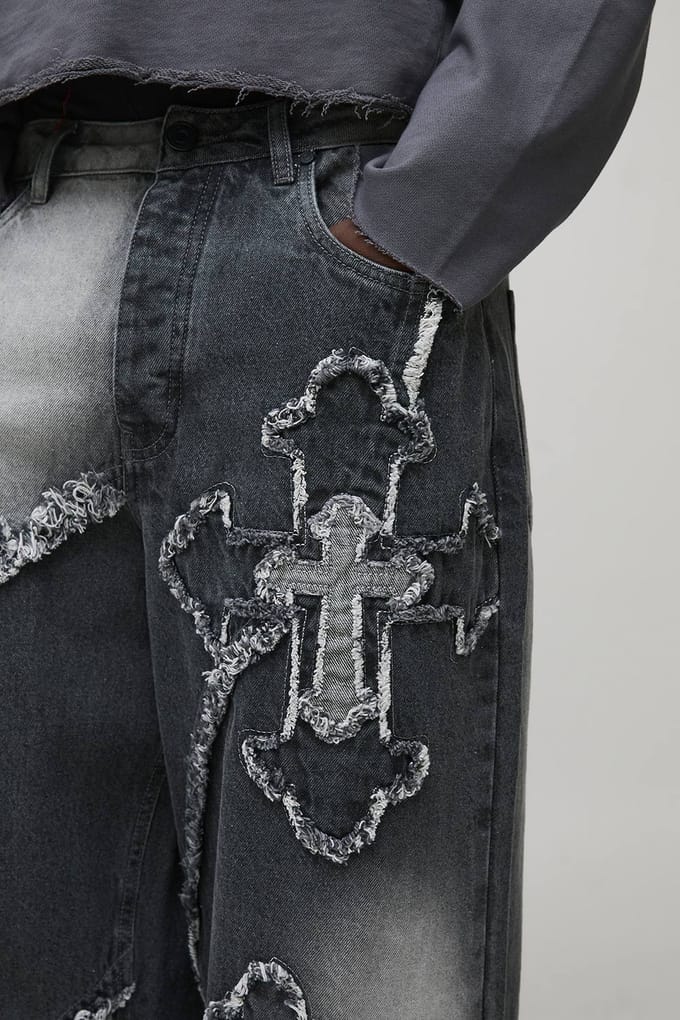 Baggy All Over Cross Applique-jeans | Grey | Size 36R