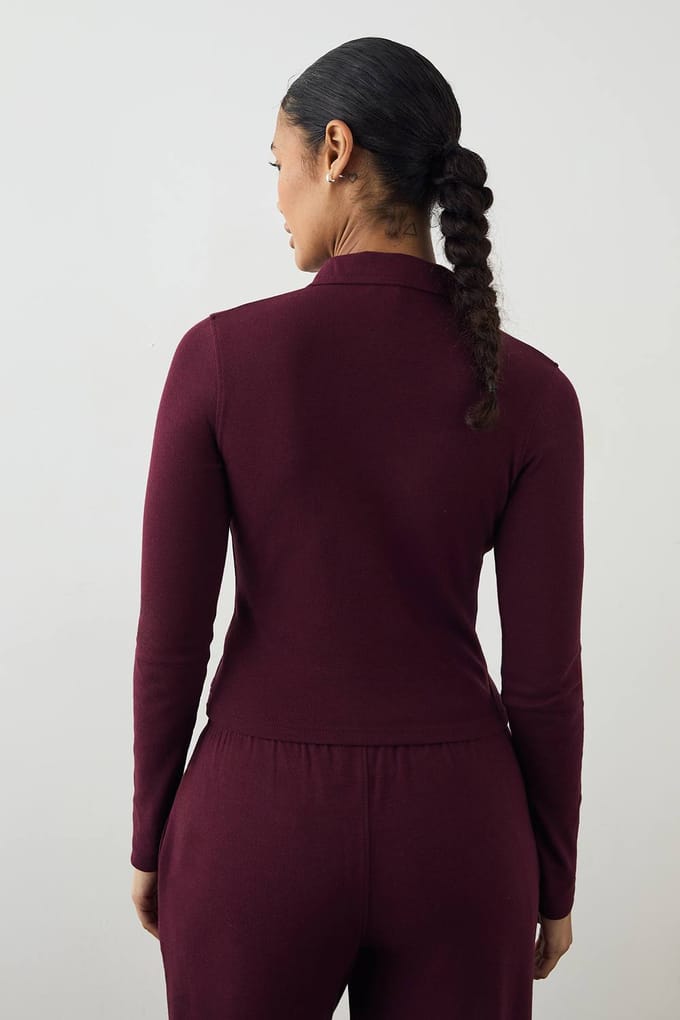 Dames DSGN Studio Doorknoop Top met Kraag en Getailleerde Pasvorm | Bordeaux Rood | Maat: 2XL