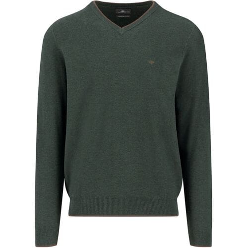 Fynch-Hatton Trui V-Neck Superfine Cotton Subtle Texture Dark Ivy / male