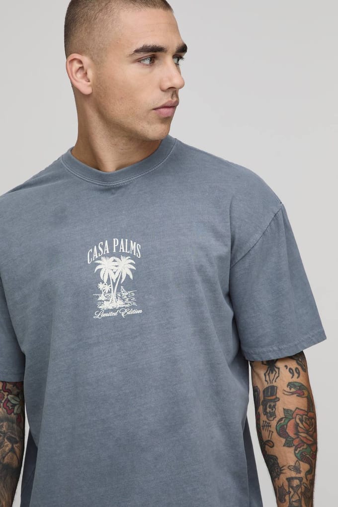 Gewassen Oversized Casa Palms Print T-shirt | Washed Grey | Size Medium