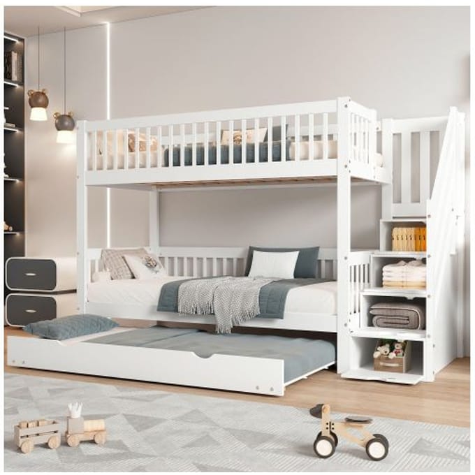 Stapelbed - 90x200/190 cm - Bed met ladderkast - Valbeugels - Massief wit hout wit