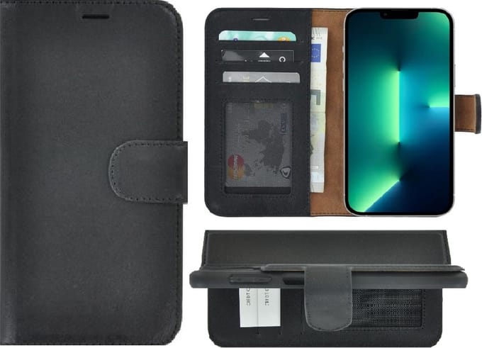 Hoesje Geschikt voor iPhone 13 Pro Max - Bookcase - Portemonnee Hoes Echt leer Wallet case Zwart