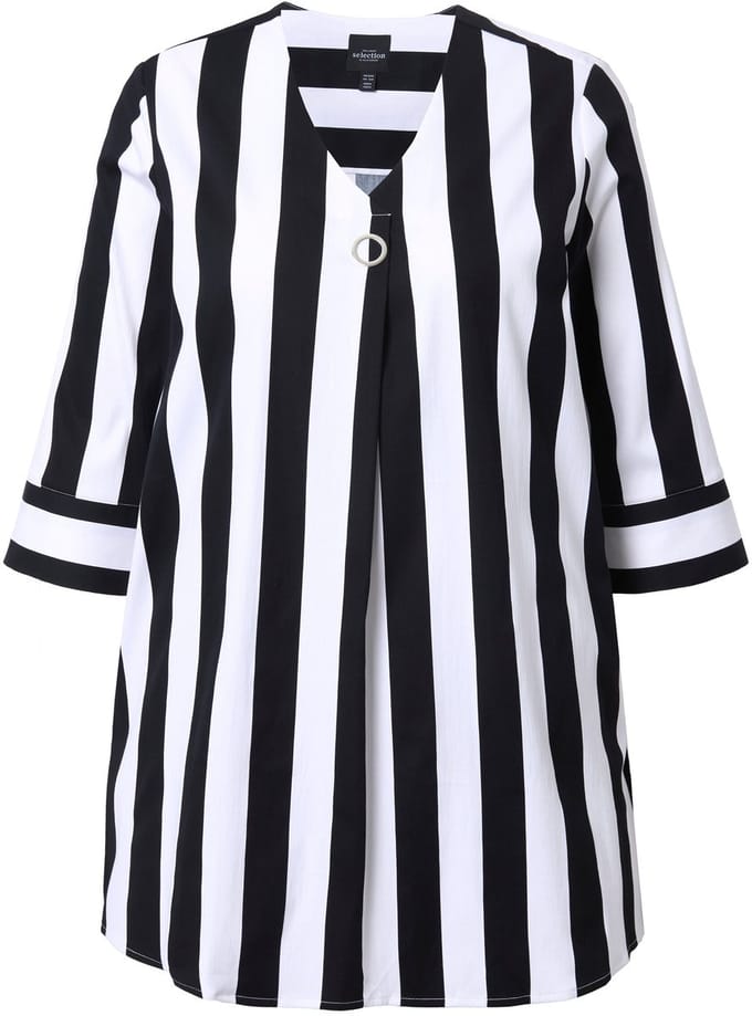 Ulla Popken - Dames - Blouse verticale strepen A-lijn V-hals 3/4-mouwen - Zwart - Maat 46+