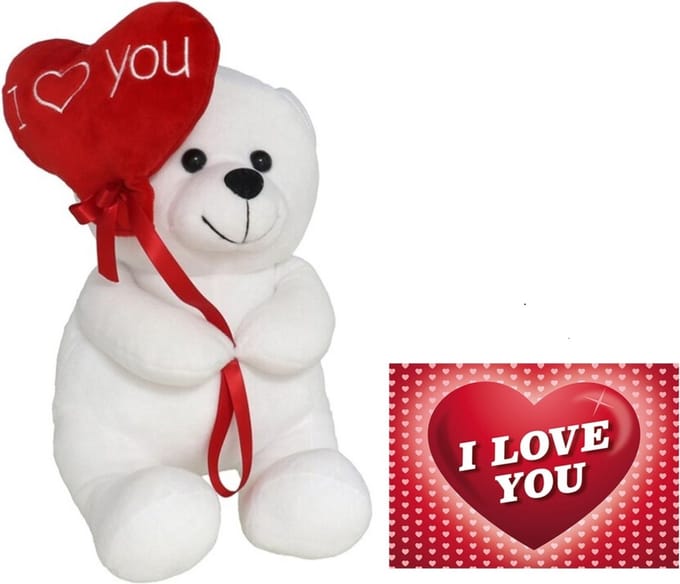 Pluche knuffelbeer met I Love hartje - wit/rood - 20 cm - inc. wenskaart