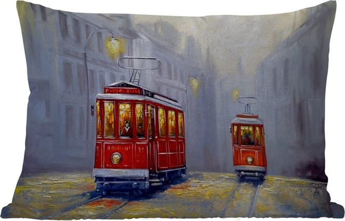 Buitenkussens - Schilderij - Tram - Stad - Olieverf - 60x40 cm - Weerbestendig