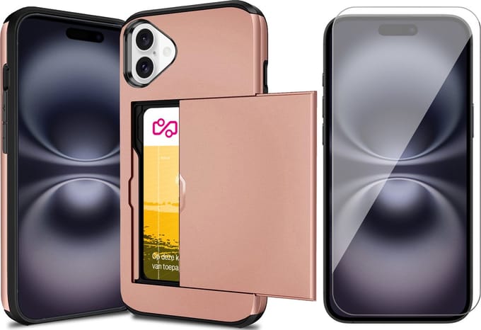 Hoesje met Pasjeshouder geschikt voor iPhone 16 Plus - Screen Protector GlassGuard - Back Cover SlideCase Roségoud & Screenprotector