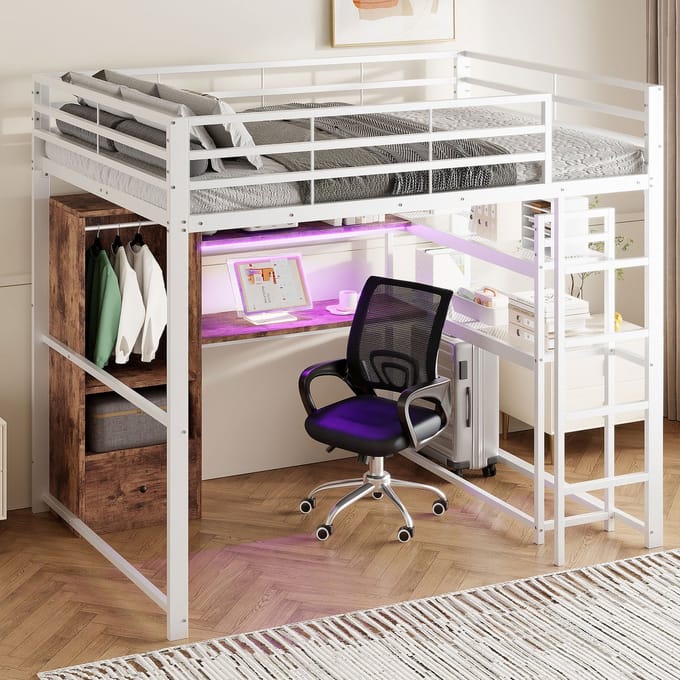 MODFU Bedframe 140x200 cm – Multifunctioneel daybed met uitschuifbed, LED en USB – Linnen – Beige