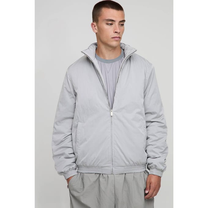Regular Fit Funnel Neck Nylon Mono Padded Bomber Jacket | Grey | Size Medium