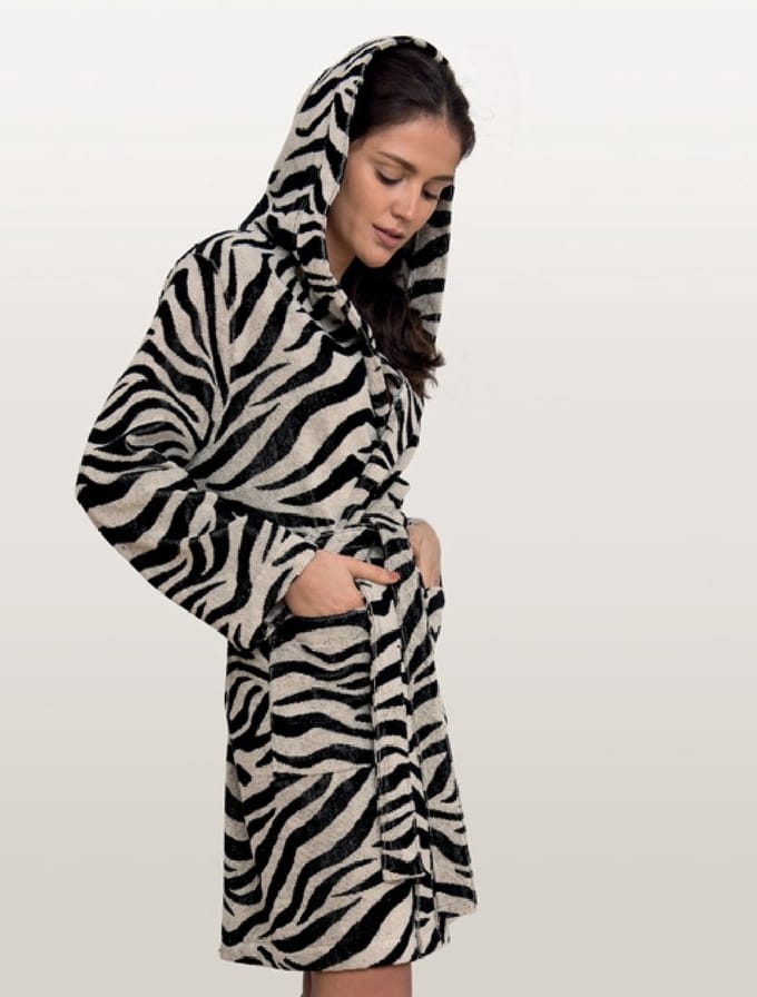 Badstof Badjas Kimono met Capuchon Zebra ecru/zwart Maat M