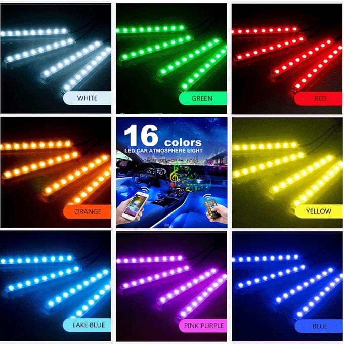 Auto LED-stripverlichting, 4 stuks 36 LED DC 12V Multicolor Muziek Auto USB Interieurverlichting LED Onder Dashboard USB