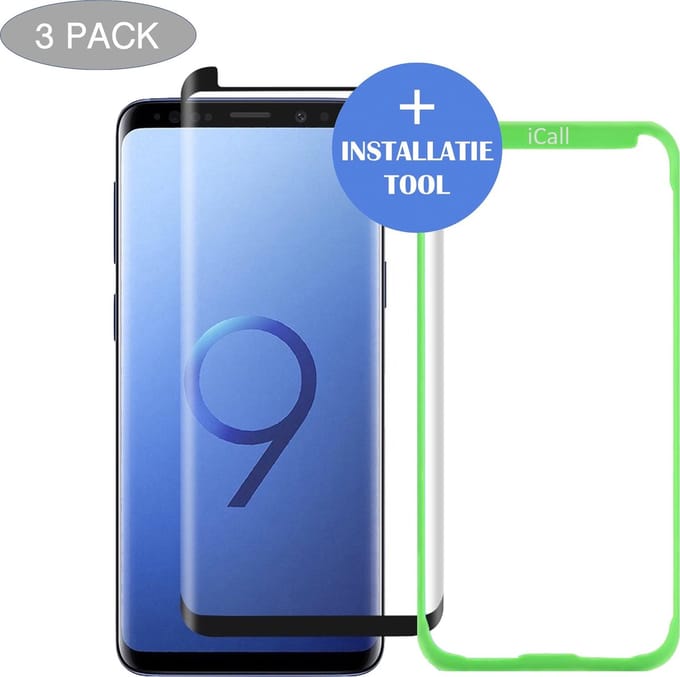 3x Screenprotector geschikt voor Samsung Galaxy S9 - Tempered Glass Case-Friendly Zwart en Lijm over het Hele Beeld (+ Installatie-tool)