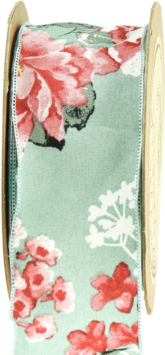 Cadeaulint bloemen stoffen lint turkoois rood 40mm 15m