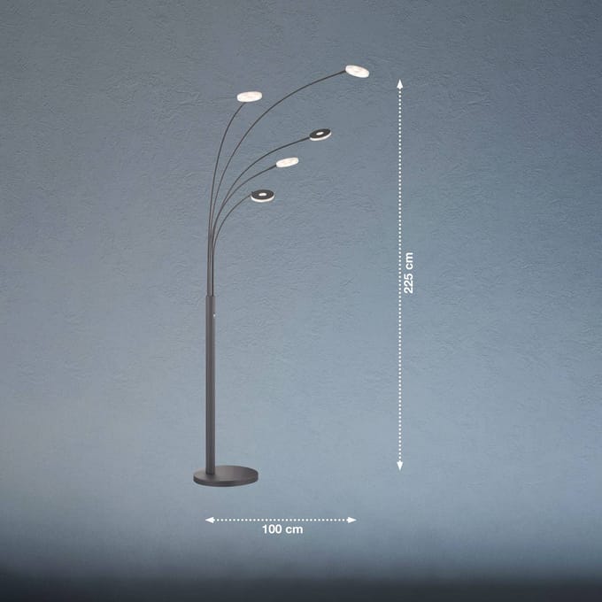 FISCHER & HONSEL LED vloerlamp Dent, zwart, 225 cm, metaal, CCT, 5-lamps.