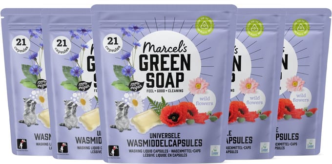 Marcel's Green Soap Wascapsules - Wasmiddel Pods - Wilde Bloemen - 5 x 21 stuks - 105 wasbeurten