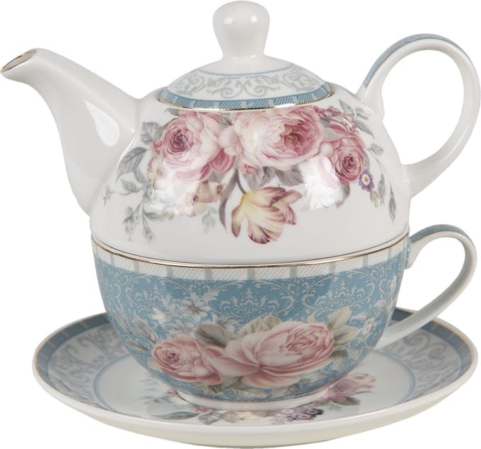 Clayre & Eef Tea for One 400 ml Blauw Wit Porselein Bloemen