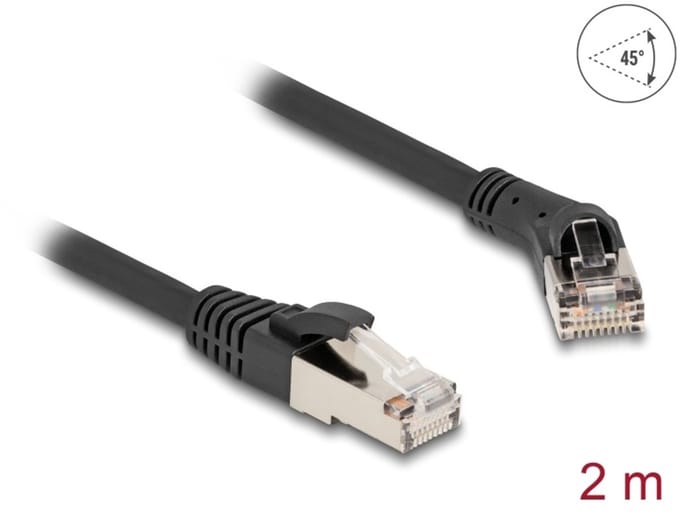 Delock RJ45 Network Cable Cat.8.1 S/FTP plug 45° right angled to plug straight up to 40 Gbps 2 m black