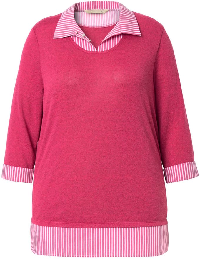 MIAMODA - Dames - Pullover 2-in-1 laagjeslook 3/4-mouwen - Hibiscusrood - Maat 54+