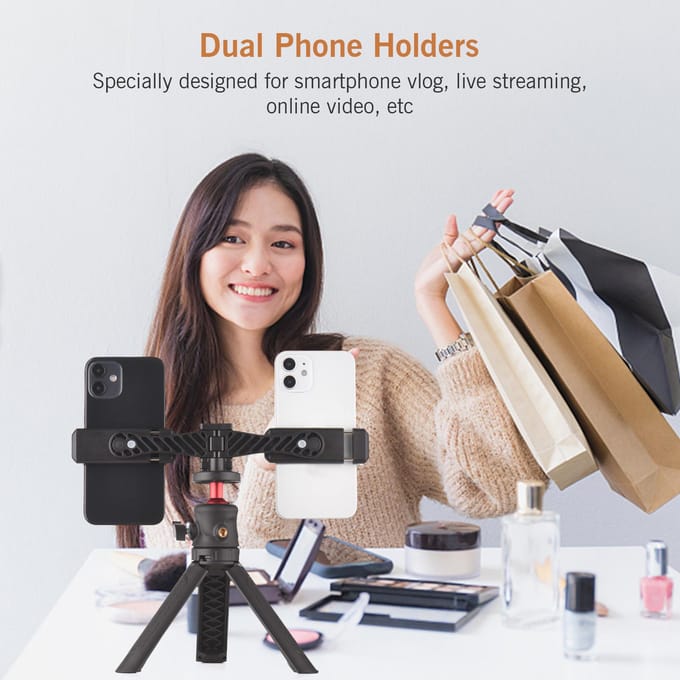 Andoer AD-04 Universele Telefoon Statief Mount met Dubbele Telefoonhouders Verticale Horizontale Telefoonklem 4 zwart
