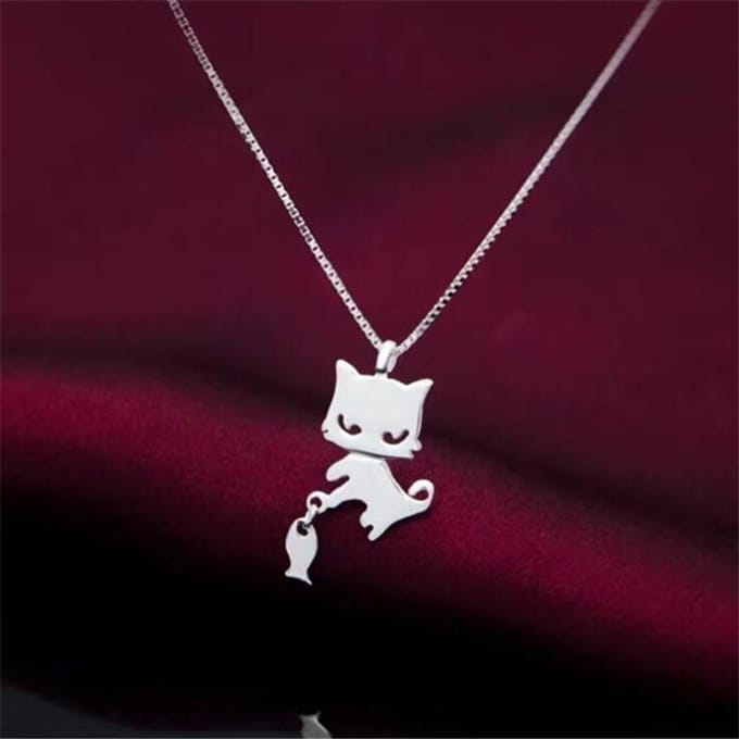 Collier en argent sterling 925 avec pendentif en forme de chat et de poisson, simple et créatif, à la mode, populaire, Xl069 black