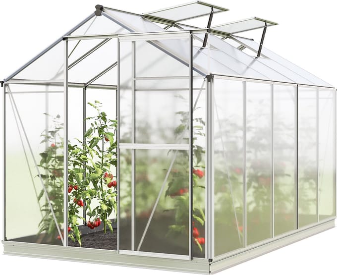 Tuinkas Jasmin 5 aluminium frame 192x317cm polycarbonaat panelen - met grondframe & automatische dakraamopener