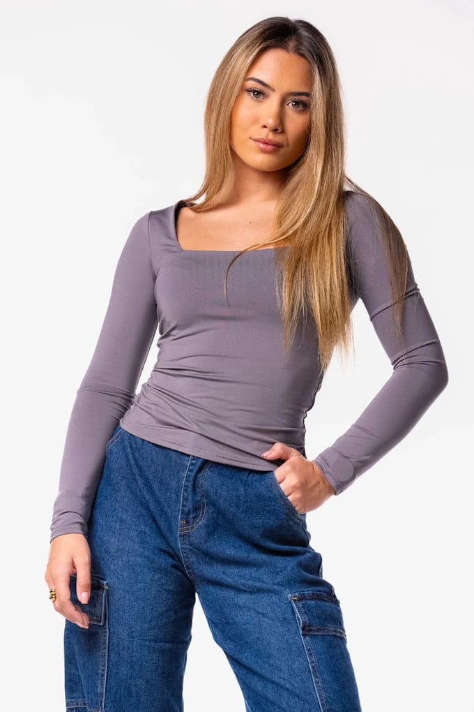 Getdrezzed Top - Maat: M - Basic shirt vierkante hals grijs