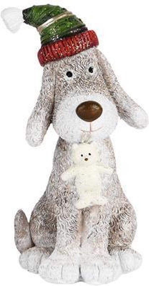 Beeldje hond met wintermuts 14cm hoog