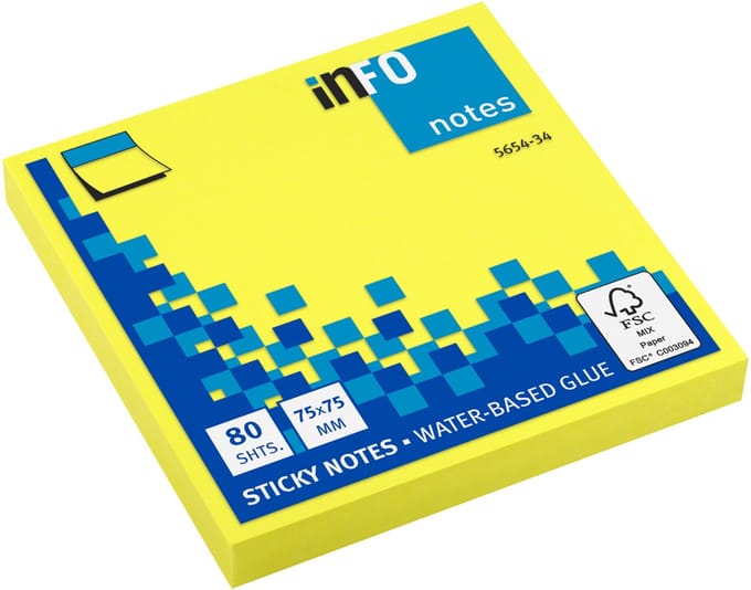 Info sticky notes - 80 vel - 75x75mm - geel - IN-5654-34