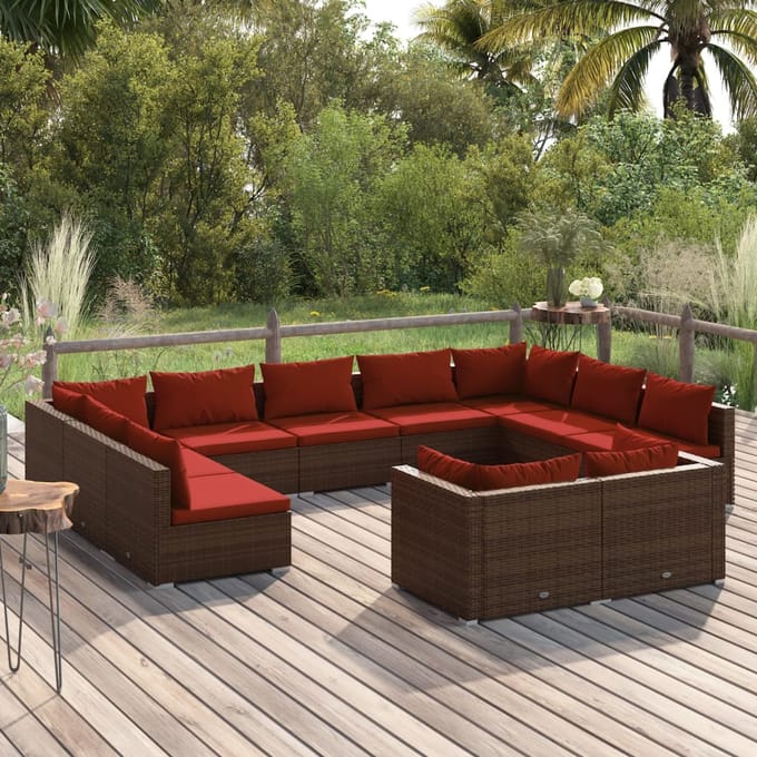 vidaXL - 11-delige - Loungeset - met - kussens - poly - rattan - bruin