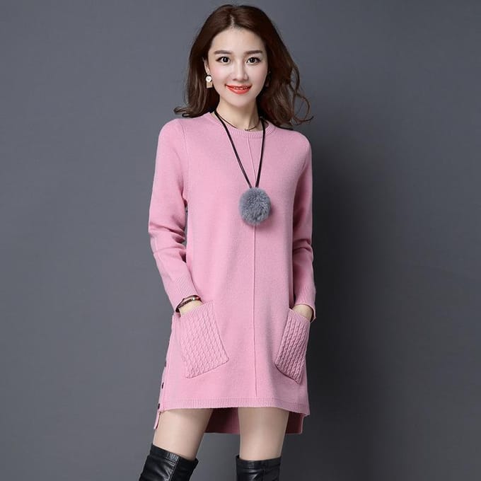 Dames Midilengte Pullover Trui Lente Herfst en Winter Koreaanse Versie van Los Eenvoudig Basis T-shirt met Zakken van Gebreide Trui Jurken One Size oranje