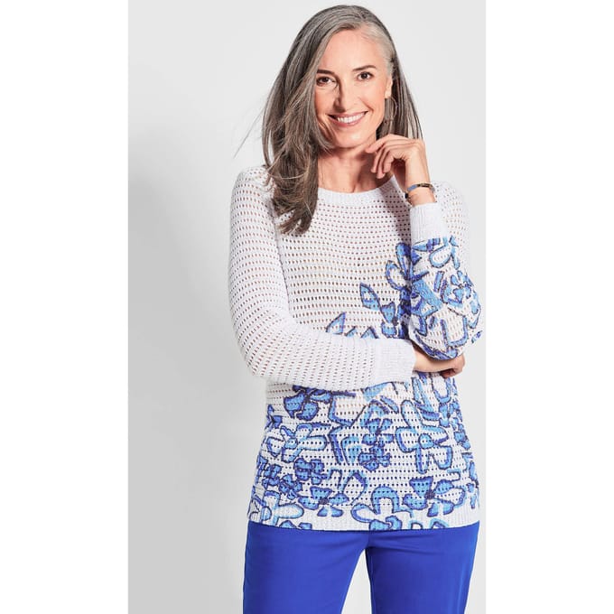 Ajour pullover met print - wit / gedess. - Gr. 42 van Goldner Fashion