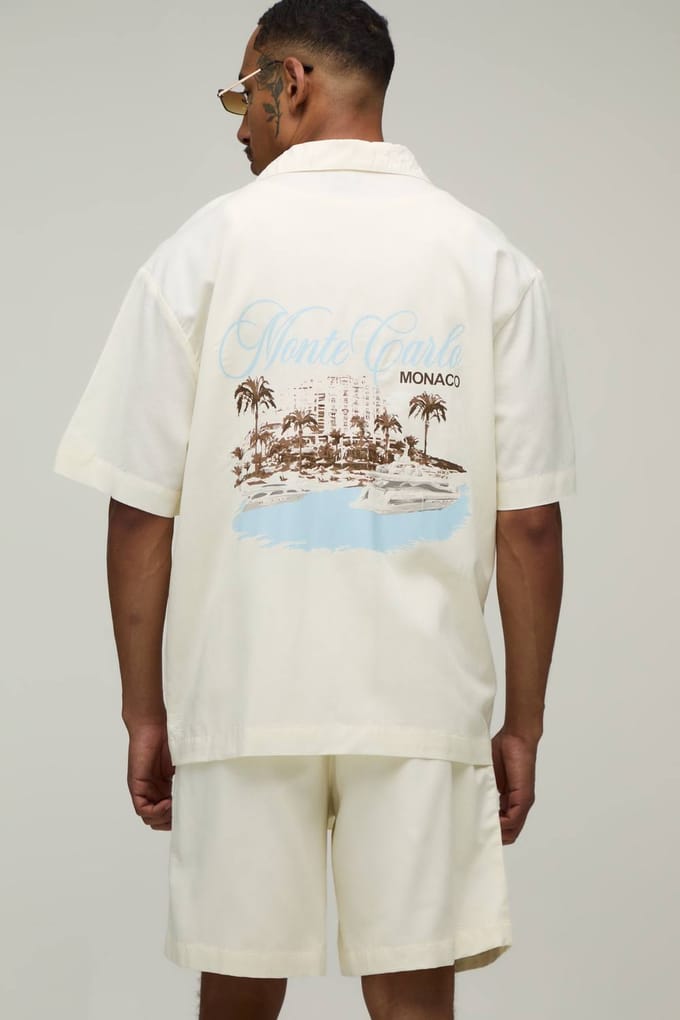 Monte Carlo Oversized Shirt & Short Set Met Rugprint | Ecru | Size Medium