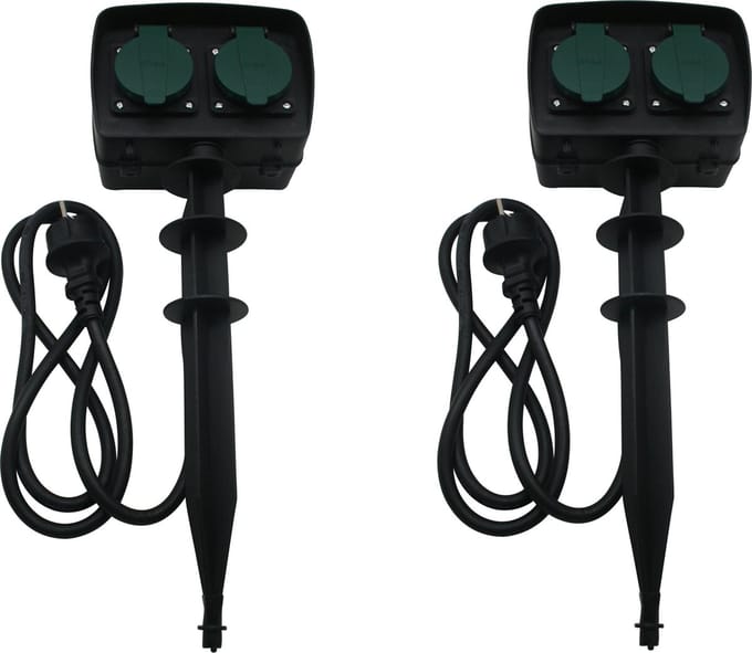 Benson tuinstekkerdoos / tuincontactdozen op spies - 2x - met timer - tijdschakelaar - IP44 spatwaterdicht - 1.5 meter