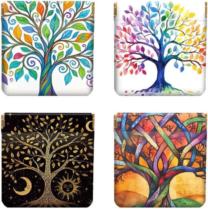 4 Stuks Squeeze Muntentasjes met Levensboom Motief - Handige, Compacte en Duurzame Portemonnees