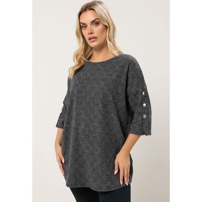 Yours Grijze Geruite Zachte Top Met Knopen Size 48