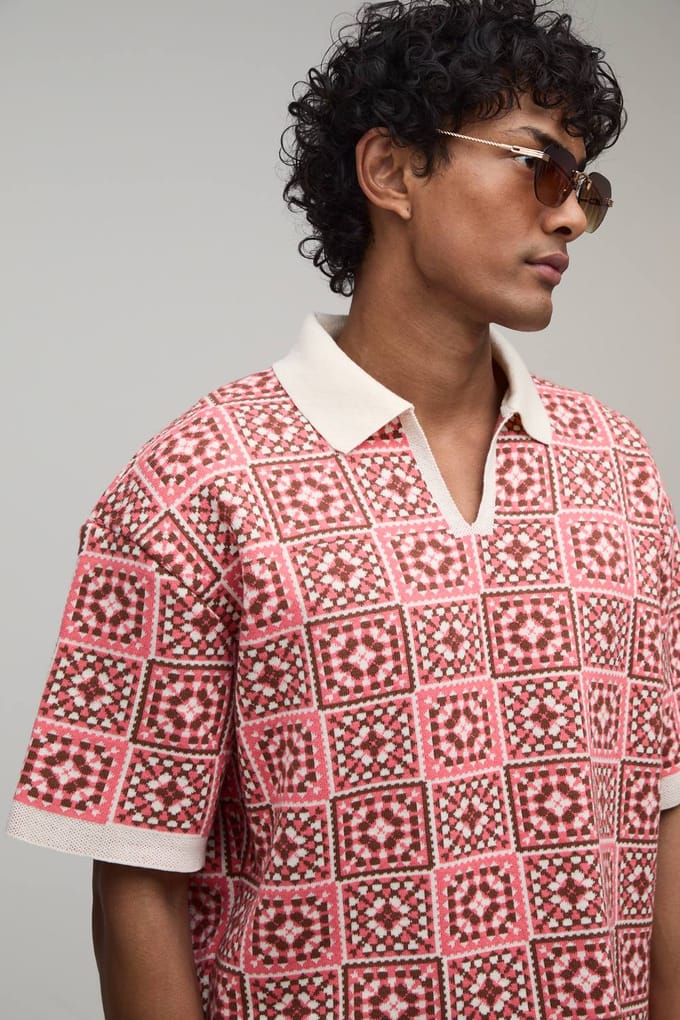 Oversized Boxy Gehaakte Vierkanten Gebreide Polo En Short Set | Pink | Size Medium
